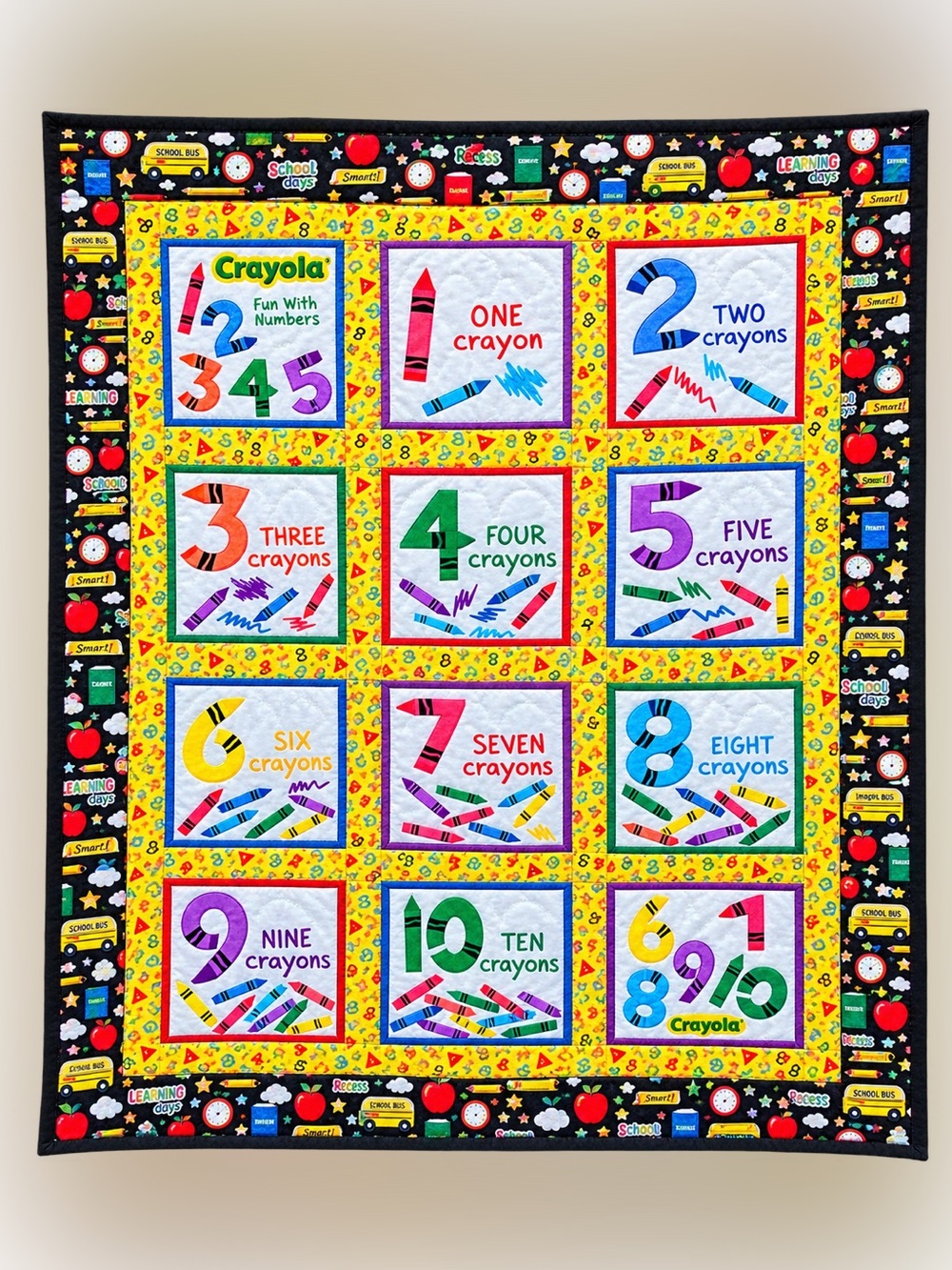 Handmade Crayola counting quilt 44x54 vintage school house design